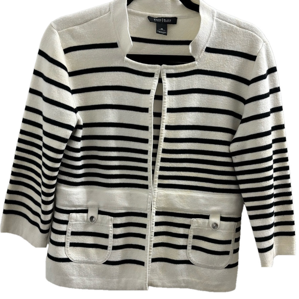 White House Black Market Black and White Striped Cardigan size Medium tight knit